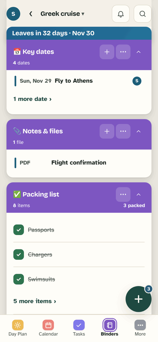 More of the Greek cruise binder: Key dates (Fly to Athens, Sun, Nov 29), Notes & files with the flight confirmation PDF, and the Packing list with Passports and Chargers ticked.