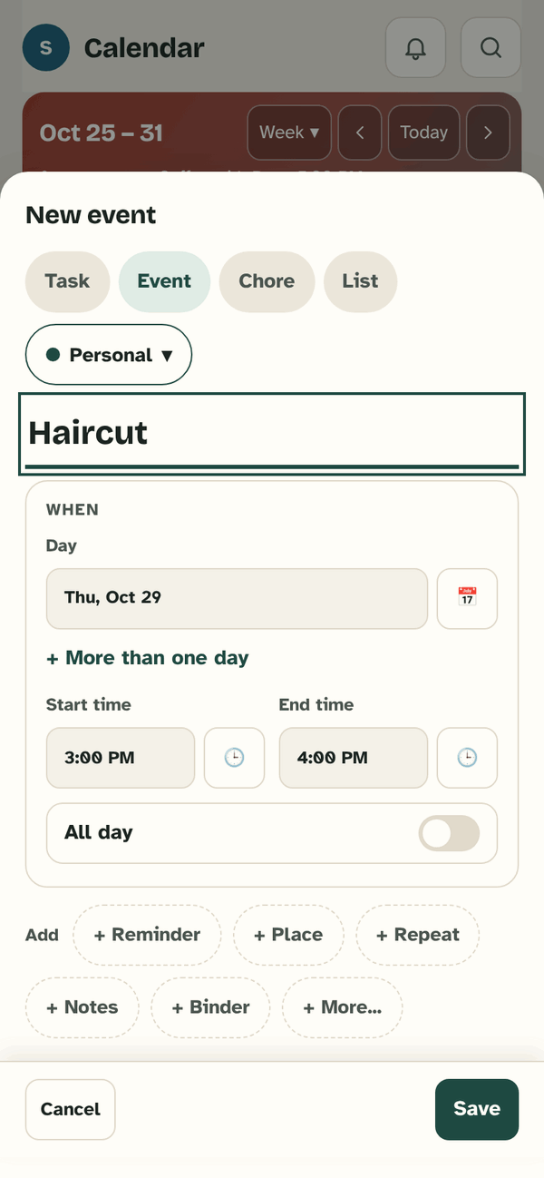 The New event sheet: the title Haircut, Personal, the day, a start and end time, All day, and Add: + Reminder, + Place, + Repeat, + Notes, + Binder, + More.