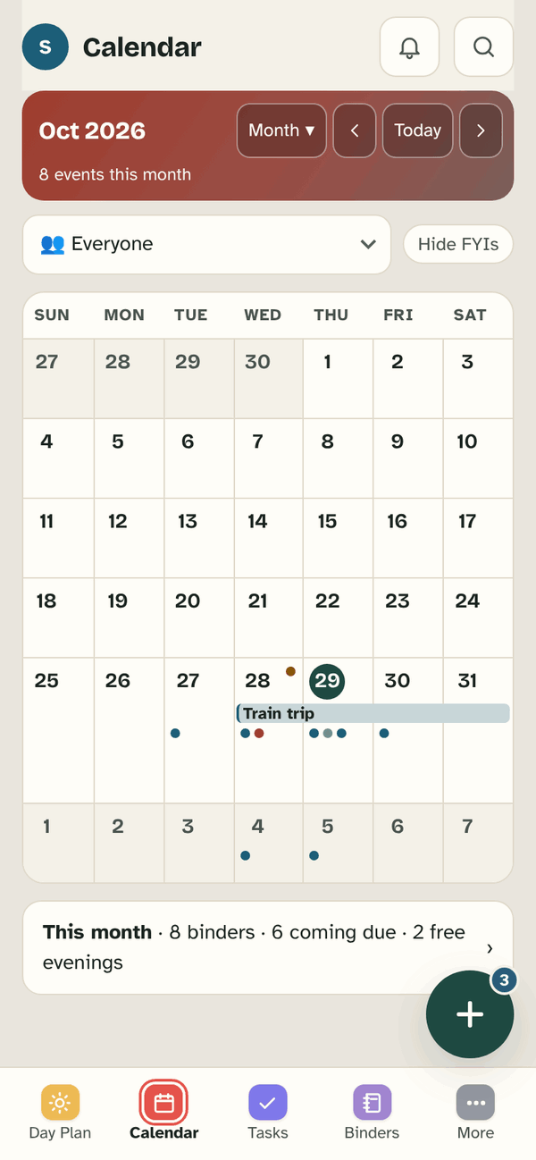 Calendar in Month view for October 2026: a grid of days with dots for events, today circled, and a multi-day Train trip bar.