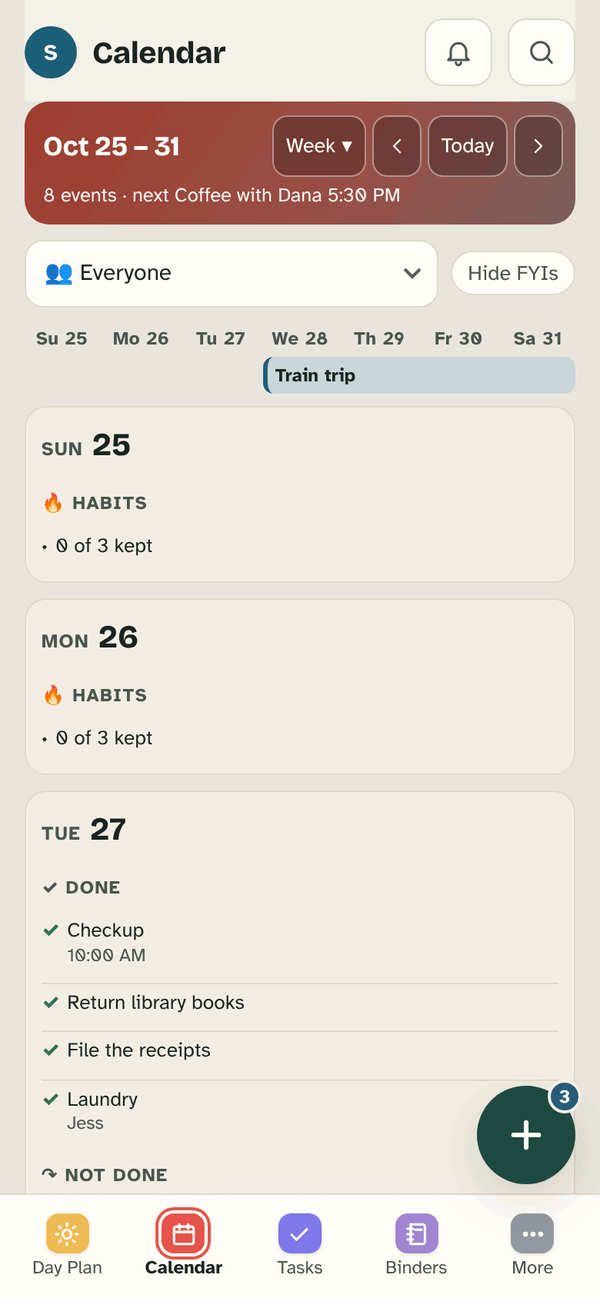 Calendar, week of Oct 25 – 31: a row of days, then each day’s events, habits kept, and what got done or not done.