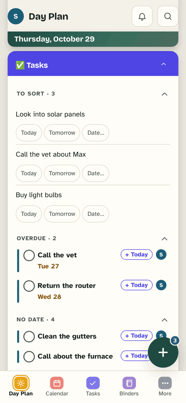 The Tasks card on Day Plan: To sort, with Today, Tomorrow and Date… under each new thing, then Overdue and No date with a + Today button on each.