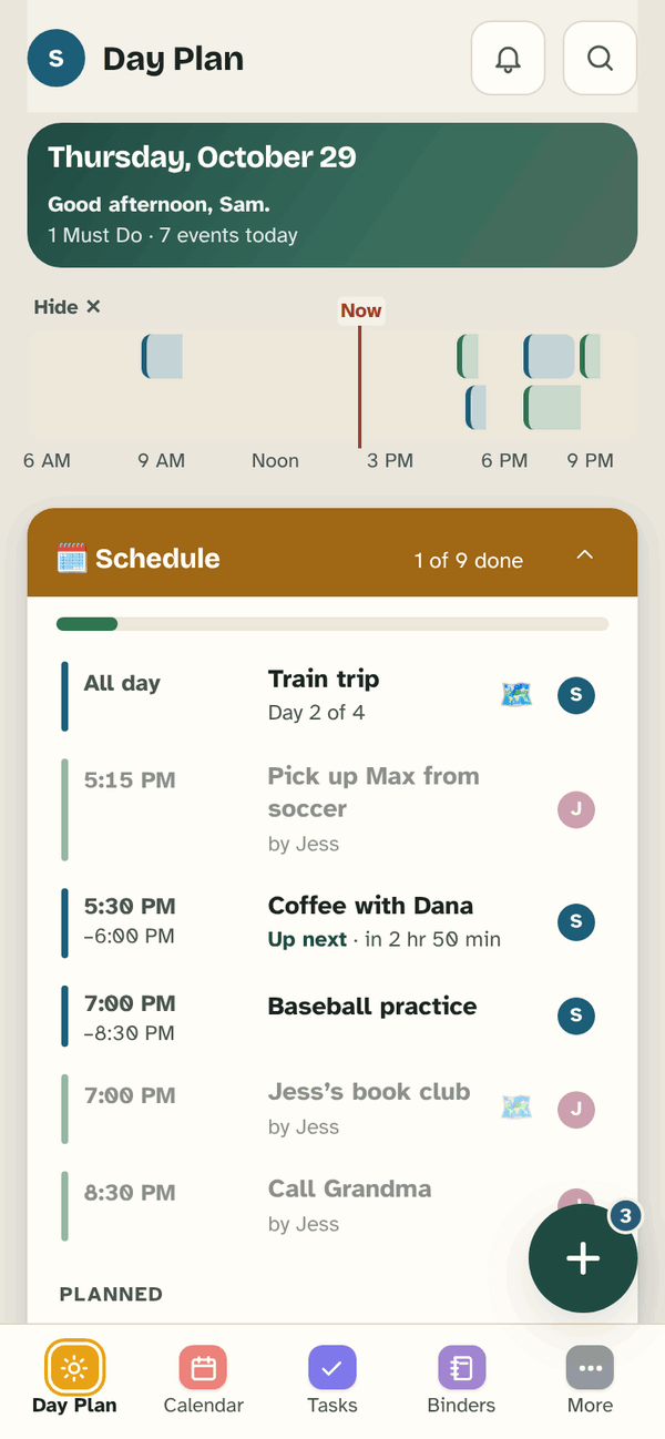 The top of Day Plan: Thursday, October 29, Good afternoon, Sam, 1 Must Do and 7 events today. Below, the day strip from 6 AM to 9 PM with a red Now line, and the Schedule card.
