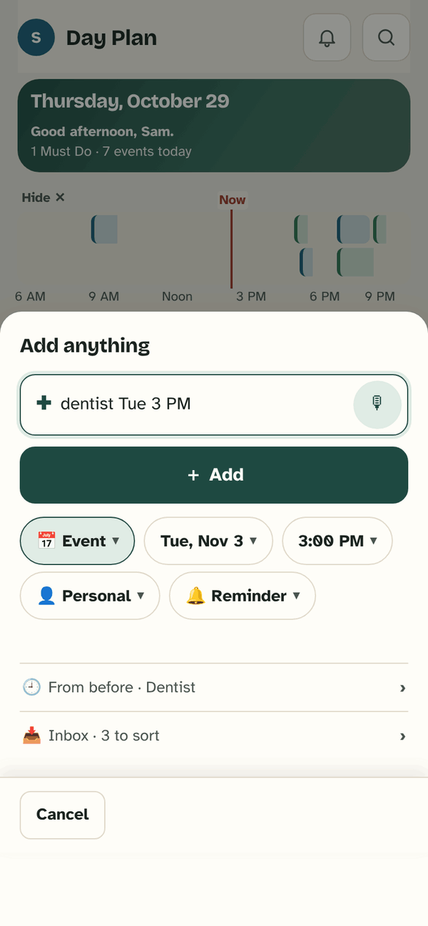 The Add anything box with “dentist Tue 3 PM” typed in. Life Lattice reads it as an event on Tue, Nov 3 at 3:00 PM.