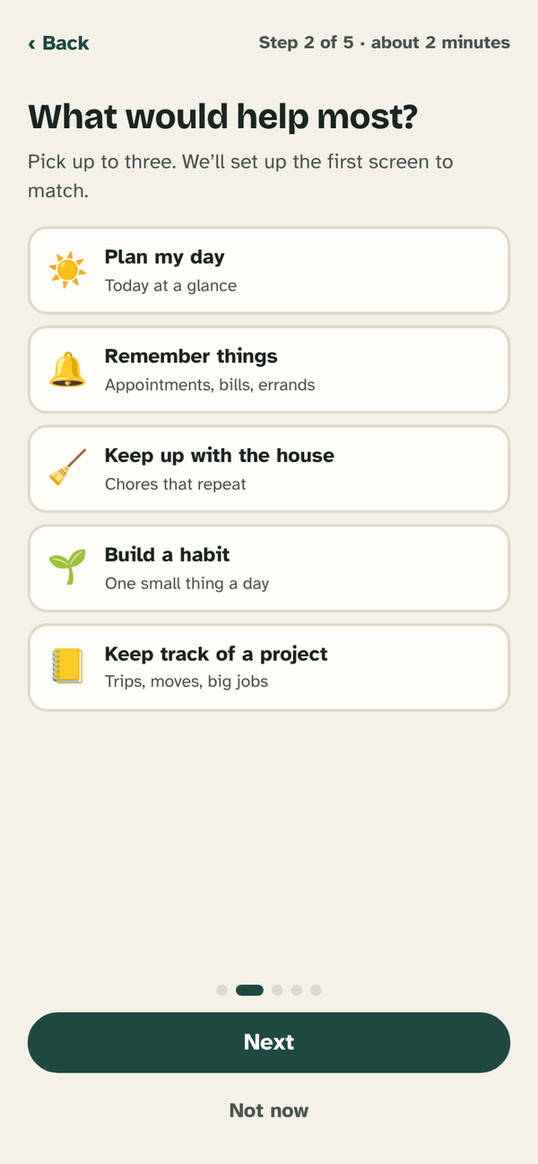 Set-up, step 2 of 5: What would help most? Pick up to three: Plan my day, Remember things, Keep up with the house, Build a habit, Keep track of a project.