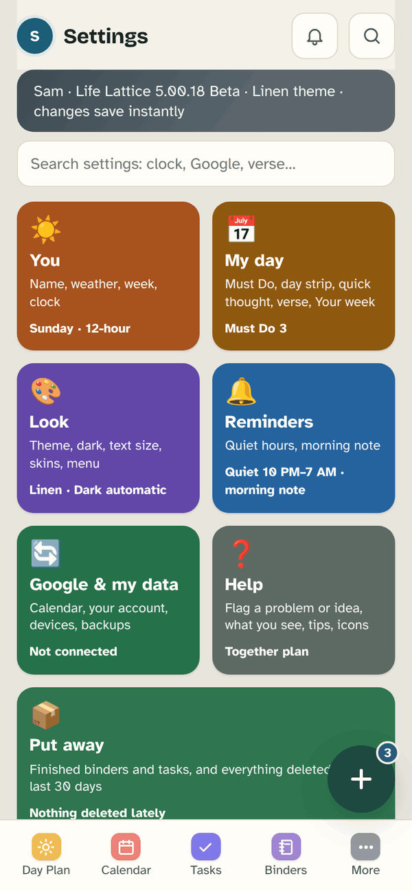 Settings: tiles for You, My day, Look, Reminders, Google & my data, Help and Put away.