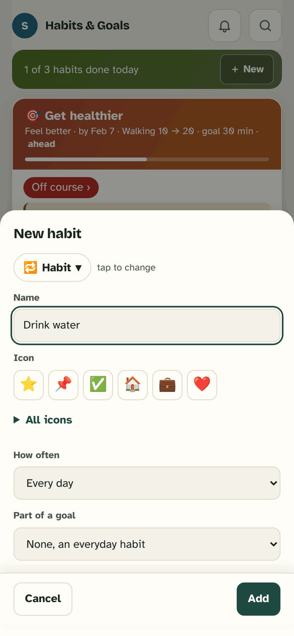 The New habit sheet: the name Drink water, an icon, How often (Every day), and Part of a goal (None, an everyday habit).