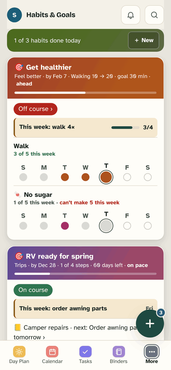 Habits & Goals: Get healthier, Off course, This week: walk 4× (3 of 4), with Walk and No sugar for each day of the week; RV ready for spring, On course.