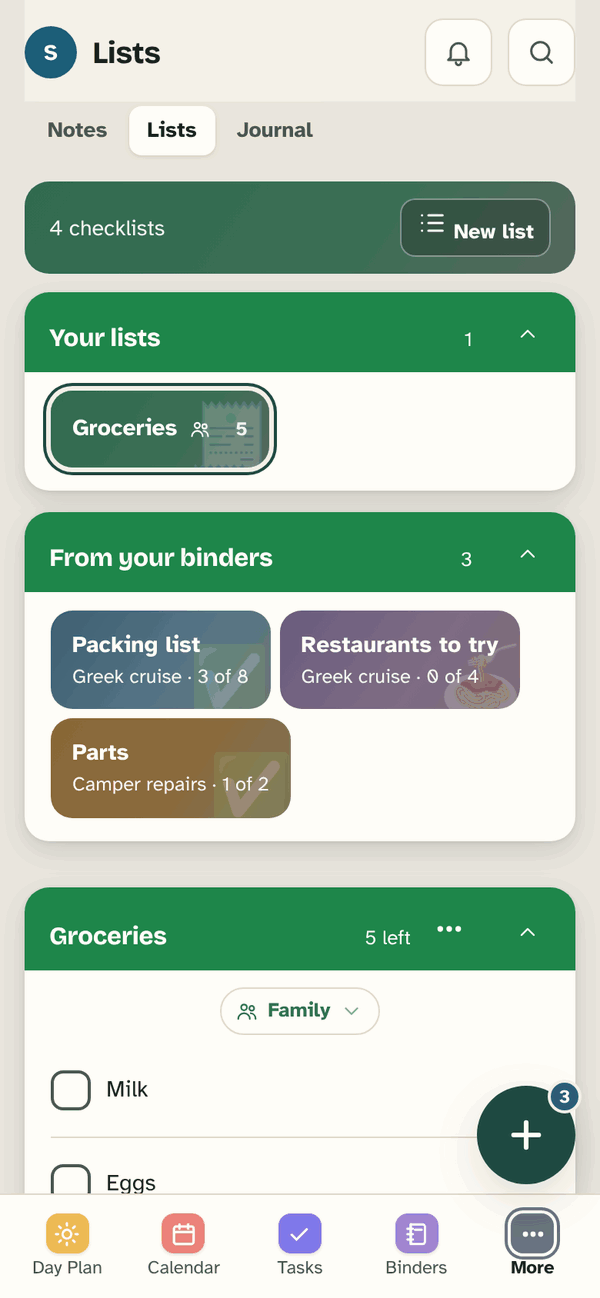 The Lists tab: Your lists (Groceries, 5), From your binders (Packing list, Restaurants to try, Parts), and the Groceries list with Milk and Eggs.
