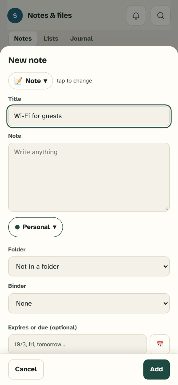 The New note sheet: the title Wi-Fi for guests, the note, Personal, a folder, a binder, and Expires or due (optional).