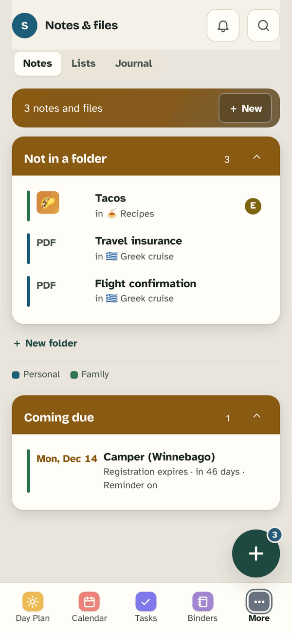 Notes & files: three tabs (Notes, Lists, Journal), notes and files like Travel insurance (PDF), New folder, and Coming due: the camper registration expires in 46 days, reminder on.