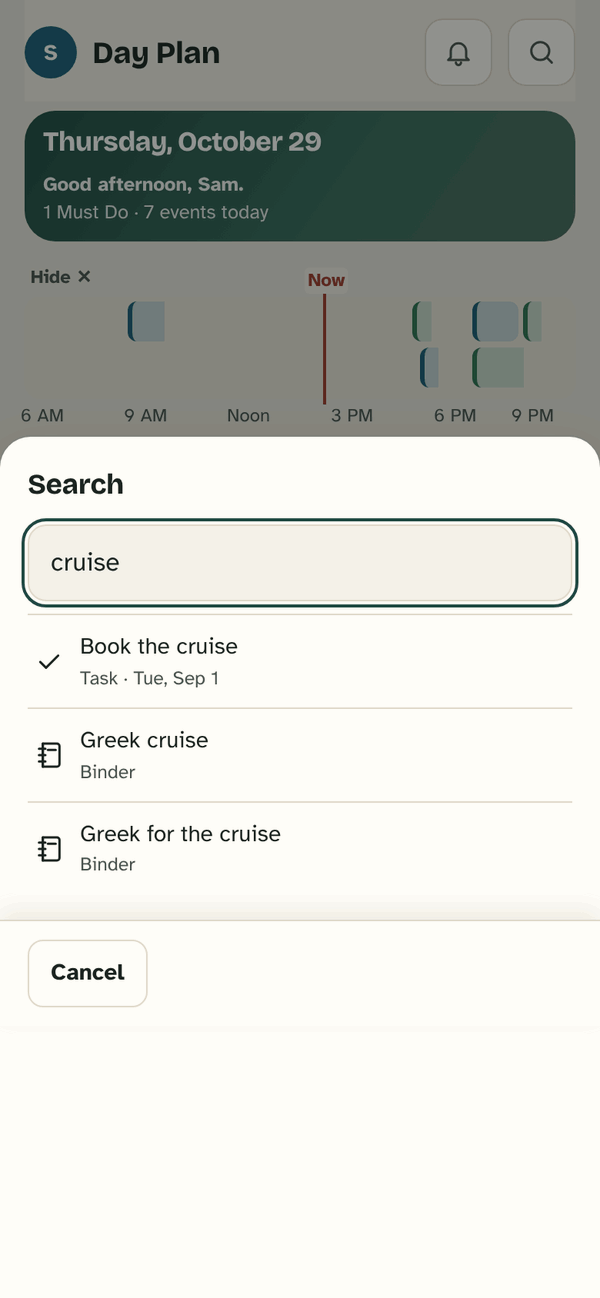 Search with “cruise” typed: Book the cruise (a task), and the Greek cruise and Greek for the cruise binders.