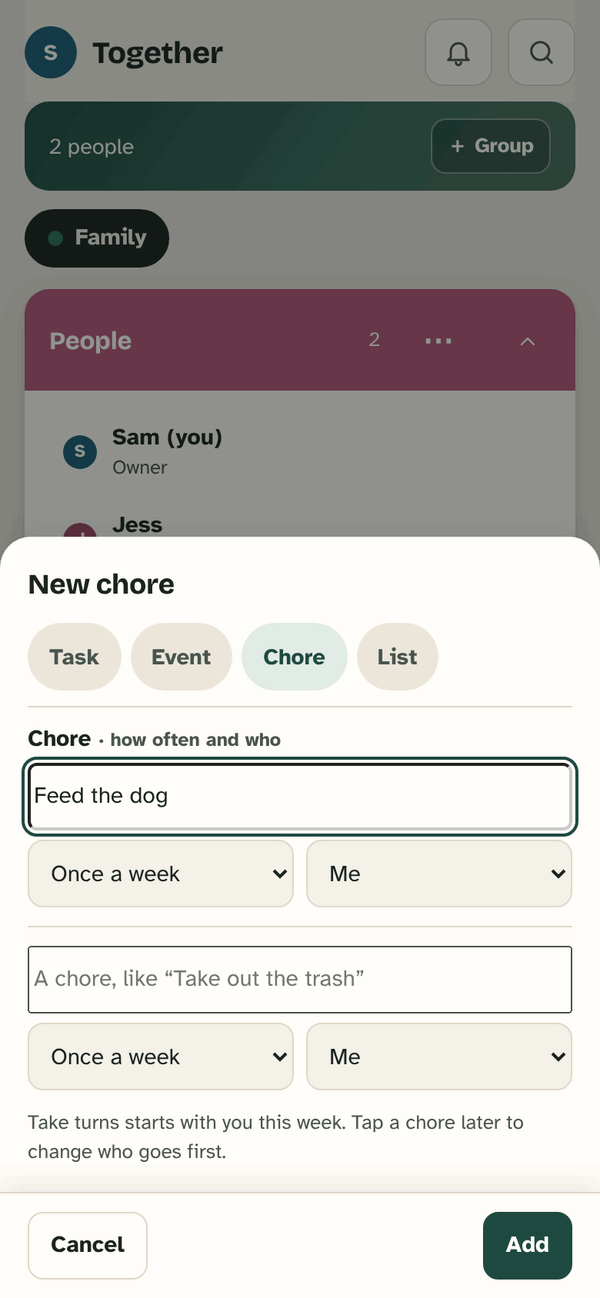 The New chore sheet: Feed the dog, Once a week, and who: Me.