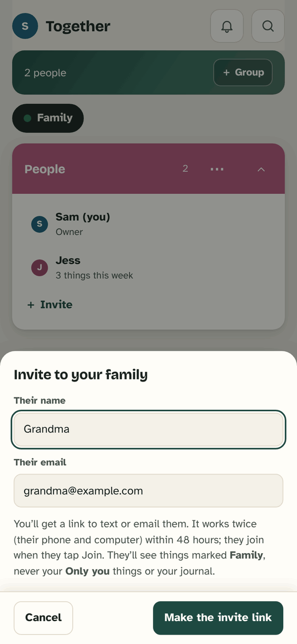 The Invite to your family sheet: their name (Grandma) and their email, and a note that the link works twice within 48 hours. A button: Make the invite link.