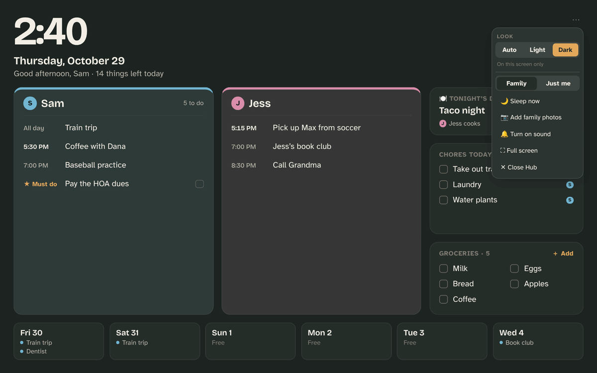 The Hub in dark mode with its ⋯ menu open: Look Auto, Light or Dark; Family or Just me; Sleep now, Add family photos, Turn on sound, Full screen, Close Hub.
