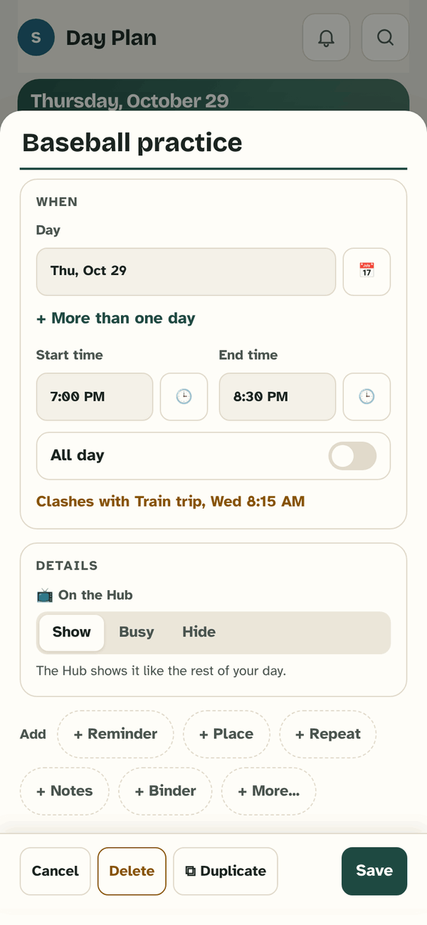 An event open with On the Hub: Show, Busy or Hide. The Hub shows it like the rest of your day.