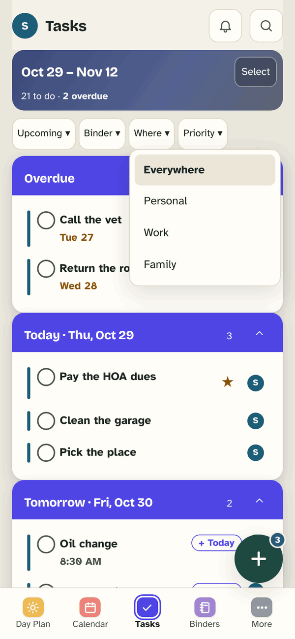 The Where menu open on Tasks: Everywhere, Personal, Work, Family.