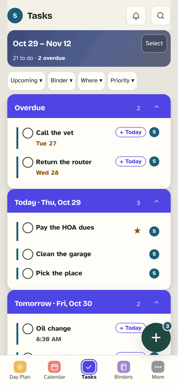 Tasks for Oct 29 – Nov 12: Overdue, Today and Tomorrow, each task with a circle to tick and a + Today button.