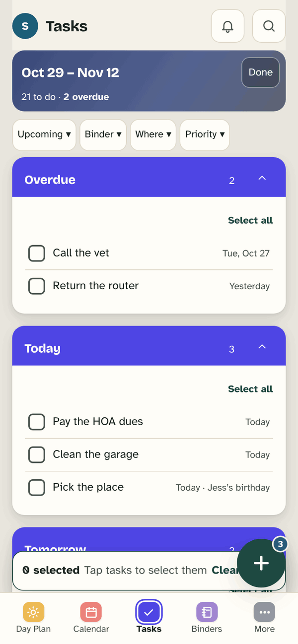 Tasks in Select mode: a box beside each task, Select all on each day, and a bar at the bottom: 0 selected, Tap tasks to select them.