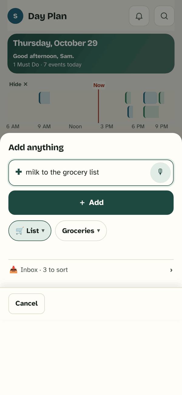 The Add anything box with “milk to the grocery list” typed in, ready to add to Groceries.